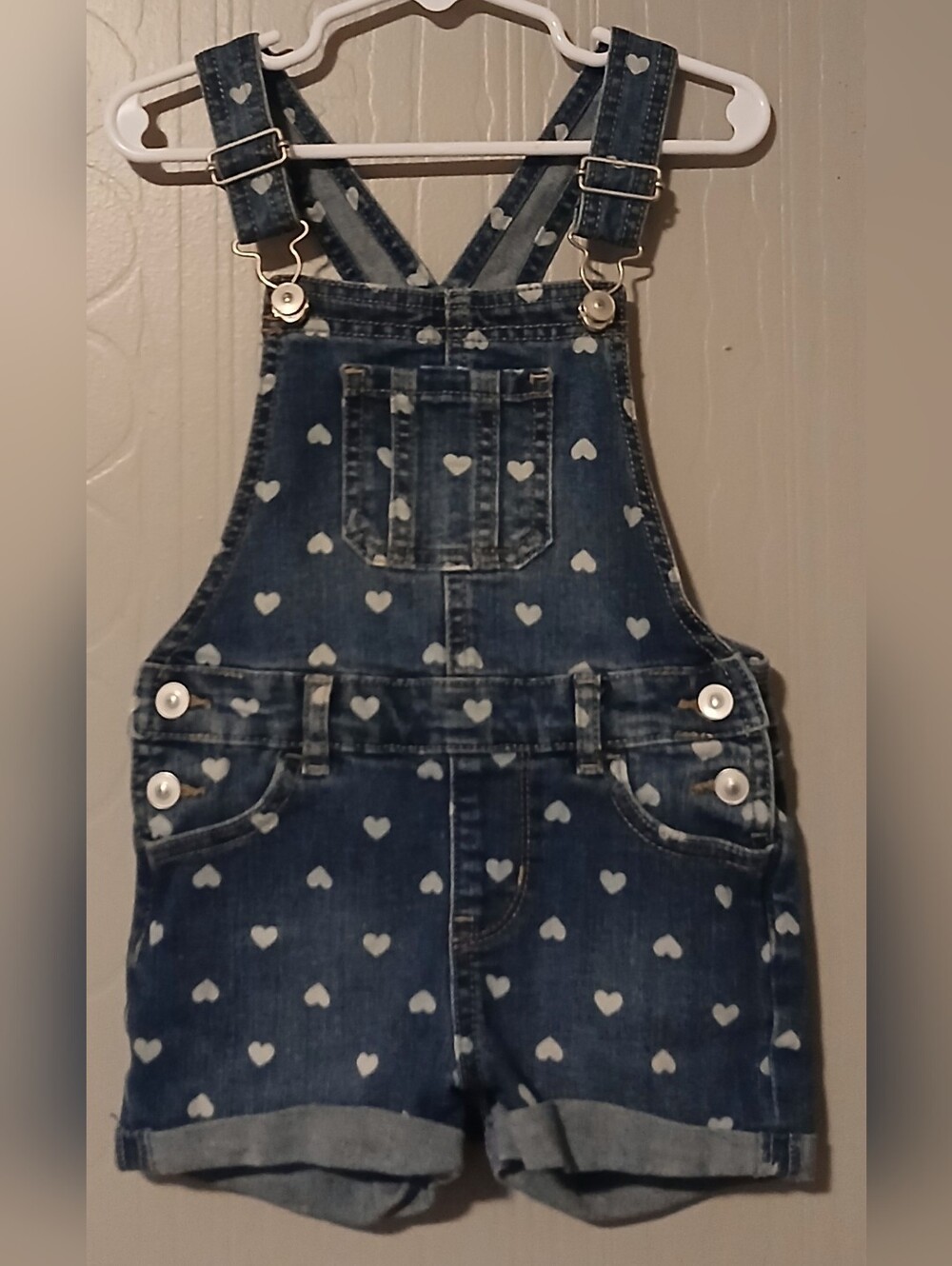 Girls' Heart Print Denim Short Overalls - Blue